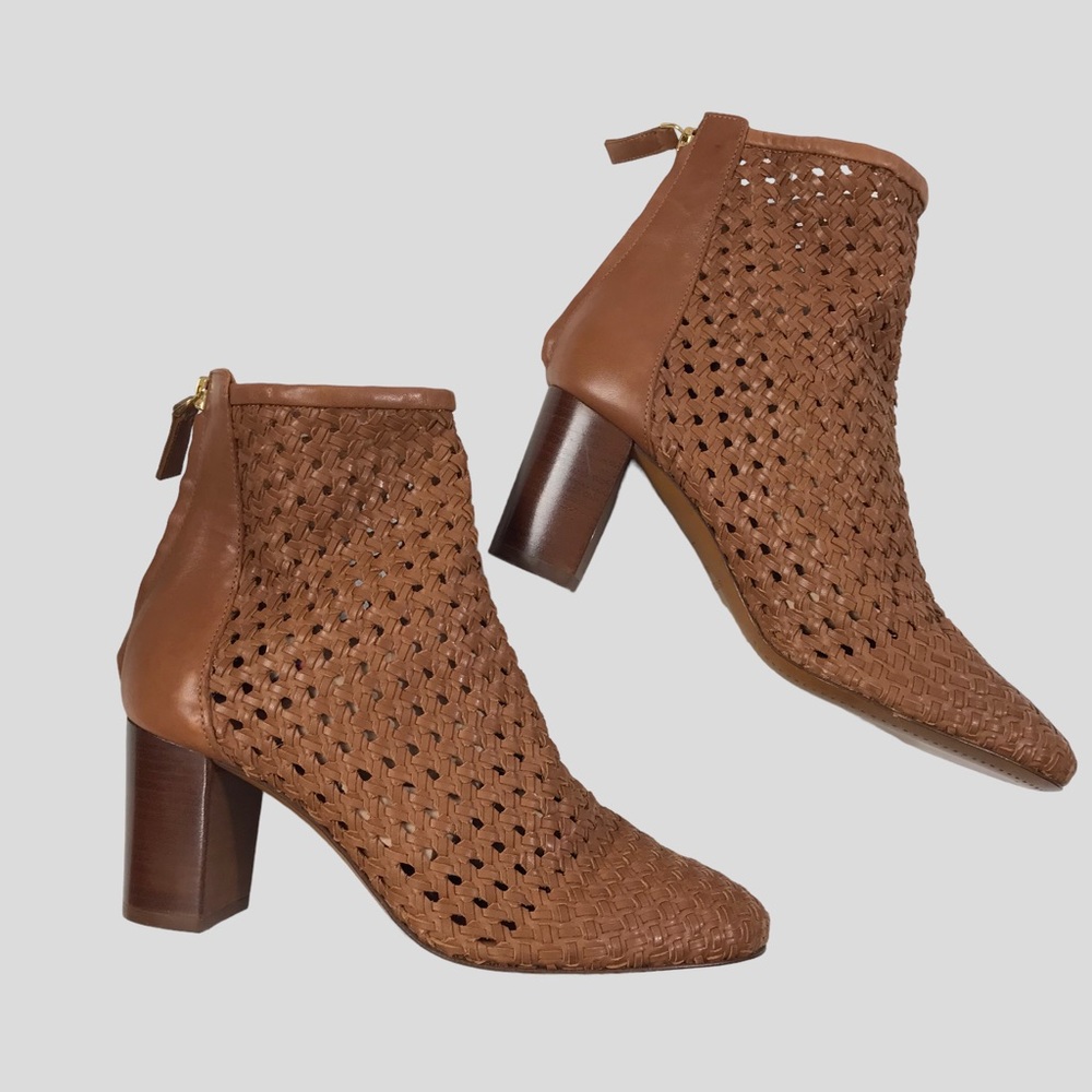 Sezane High Alba cognac brown Woven Block Heel Booties size EU 39 US 8 New